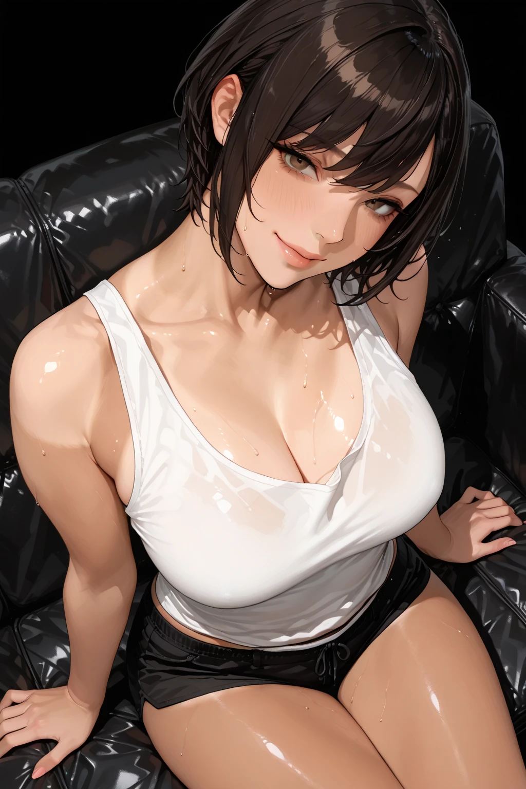 
a Japanese girl, with straight hair tied up, black hair, naked, nsfw, laughing, doing an erotic pose with her hands on her breasts, perfect body, big chest, detailed curves, 8k, best quality, film lighting, detailed background, angle top