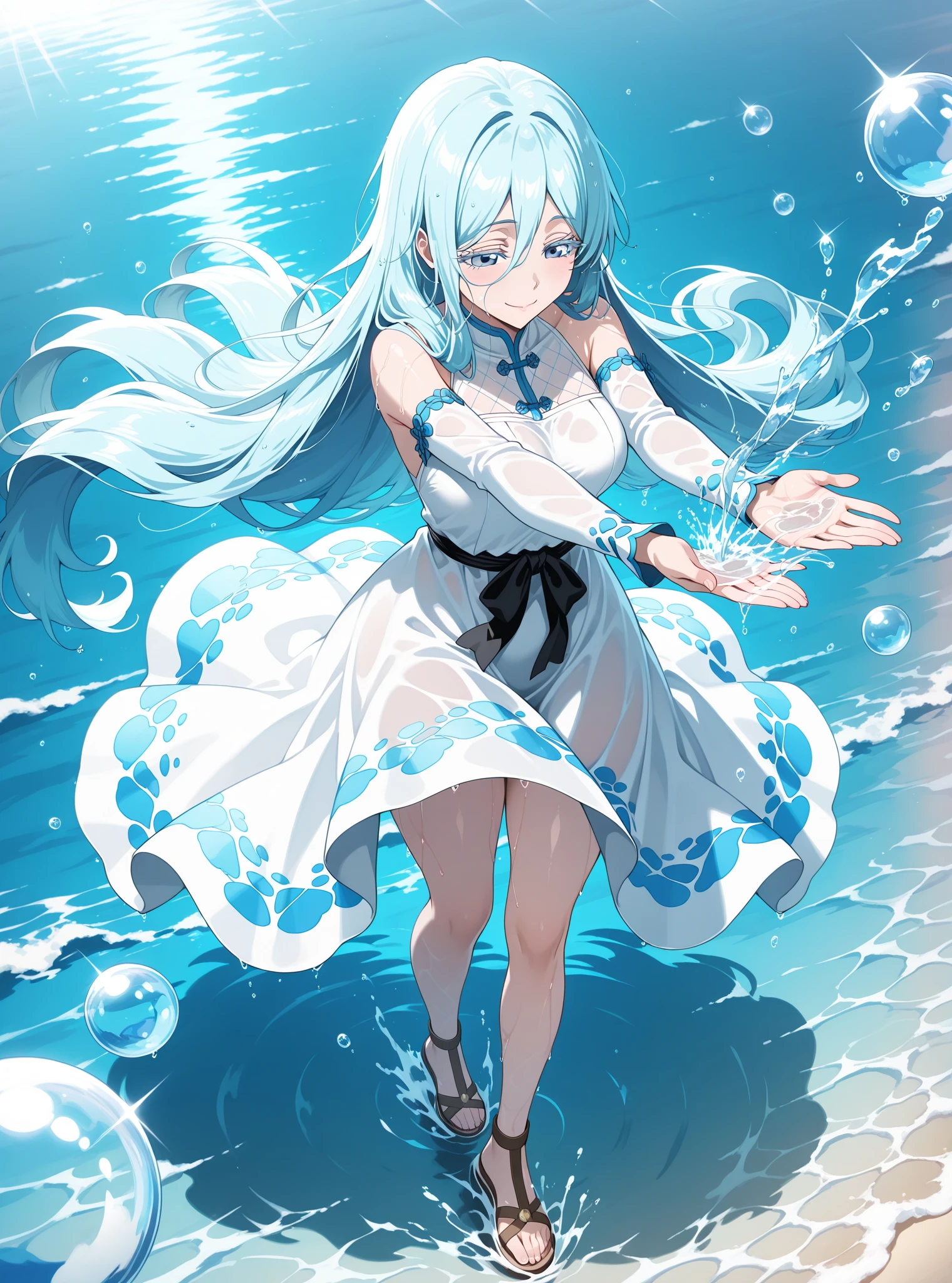 masterpiece, highest quality, (Dynamic pose:0.5), Absurd, One girl,  Fighting Pose, Punch Water, (Attacking with water:1.5) Wet clothes, wet hair, Wet Face, Water behind a person, Multicolored Hair, (Wind:1.4)