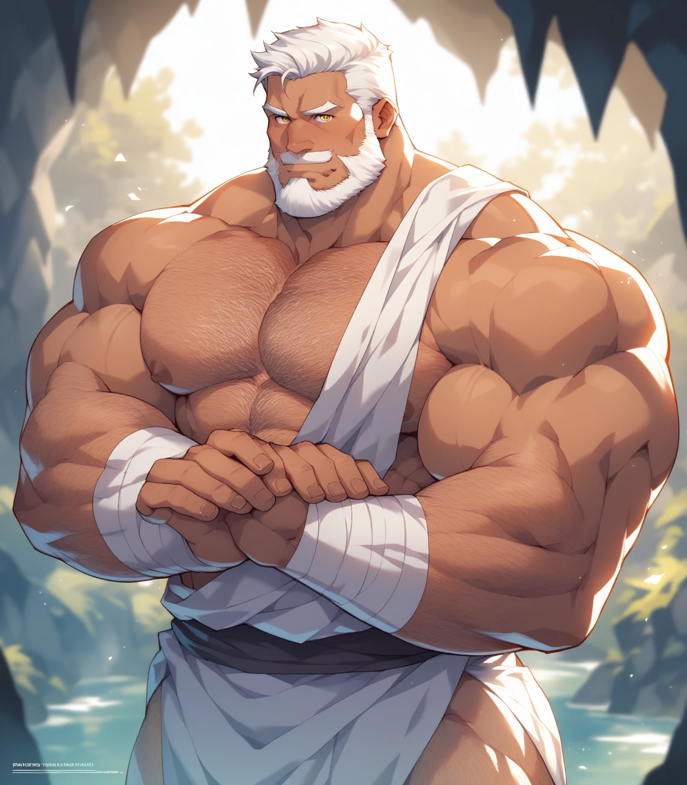 solo, 1boy, perfect anatomy, perfect proportion. Huge Muscular Old man sitting in sauna, steam, wearing fundoshi, pectoral, thick arms, huge pectoral, wide pectoral, short white hair, red beard and hair, simple background, masterpiece, semirealistic:1.2, high detailed, 8k, high resolution, perfect center, full view. ((really big muscle, massive muscular, sixpack, thick arms, wide pectoral, super huge muscle, hyper muscular, over sized muscle, huge arms, big arms, huge pectoral))