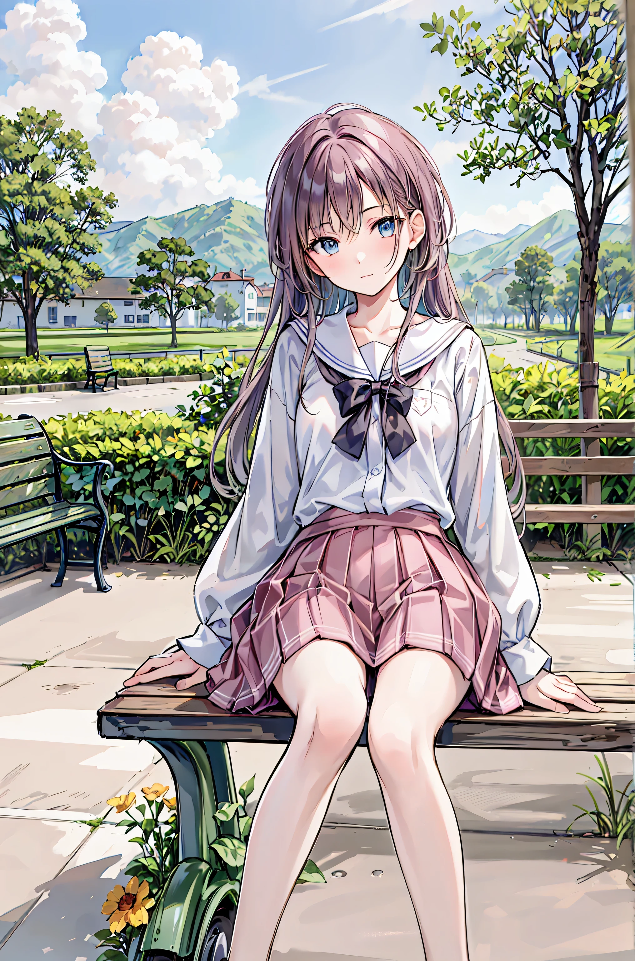 masterpiece,best quality,highres,ultra-detailed,bbmihari,gyaru,long hair,multicolored hair,hairclip,necklace,low twintails,hair ornament,school uniform,sweater vest,white shirt,necktie,nail polish,skirt,long sleeves,shirt,(white loose socks:1.2),loafers,<lora:oyama_mihari:0.7>,outdoors,teasing_smile,hugging_own_legs,