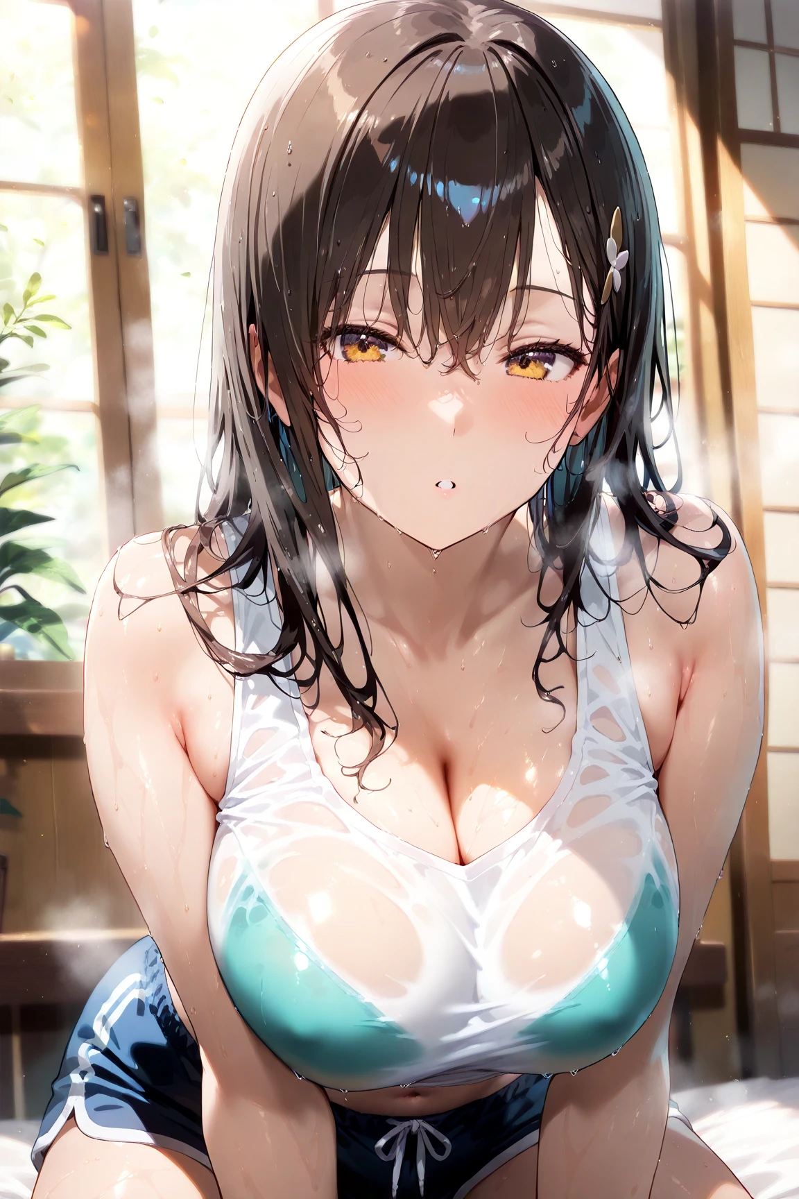 (((Nude 1.3))), (((Bare skin 1.3))), (((Midnight: 1.3))), (((Beds arranged in the garden: 1.4))), (((Colorful tropical flowers in full bloom: 1.4))), (((Full background of modern hotel garden: 1.5))), High Quality, (((8K, RAW, Best Quality, Real: 1.5))), Ultra High Quality, High Resolution, Best Quality, Perfect Face, Perfect Limbs, Perfect Fingers, High Resolution,,((opening his arms, asking for a hug)), (((Focus on waist and lower body: 1.4))), (((Medium bust: 1.3))), (Wet), (Smooth), (Splashes: 1.1), (Flowing hair: 1.2), (Background with burning torches), (((Background with colorful tropical flowers and trees))), (((Background with a garden at a first-class resort hotel))), One girl, (((Embarrassed expression: 1.5))), (((Blushing face: 1.5))), --(Jet black hair, bangs), Sitting on bed, Miniature human hand, Perfect anatomy, Perfect proportions, Clean lines, Information, Blurry, Stunning expression, Restless emotion, Gorgeous, Cute, Detailed beautiful face and eyes, (Masterpiece) Beautiful face, Young handsome girl , realistic and perfect skin, bokeh, stunning facial expression, restless emotions, gorgeous, cute, detailed beautiful face and eyes, (Audrey Hepburn), (17 years old), Blake, detailed cleavage beautiful skin, (cute type), (J-pop idol), (thighs, (depth of field), (depth of field), soft light, sparkling lens gaze, (droopy eyes), straight teeth, Blake's movie scene, cinematic full color, 4K, 8K, 16K ethnic, raw photo, must-see, professional color grade, professional photo, soft and clean focus, realistic lighting and shading, (very delicate and beautiful artistic) 1.3), elegant and active angle, beautiful eyes, princess eyes, (not big eyes 1.3), (slim 1.1),