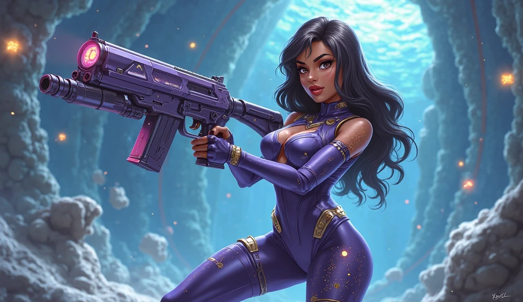 A beautiful woman in her 30s, space explorer, wearing a bikini uniform, carrying a laser rifle, wandering along an alien sea coast, purple hazy sky with three moons, alien beach at night, hyperdetailed, high resolution, 8k, photorealistic, masterpiece, vibrant colors, dramatic lighting, cinematic, science fiction, fantasy

