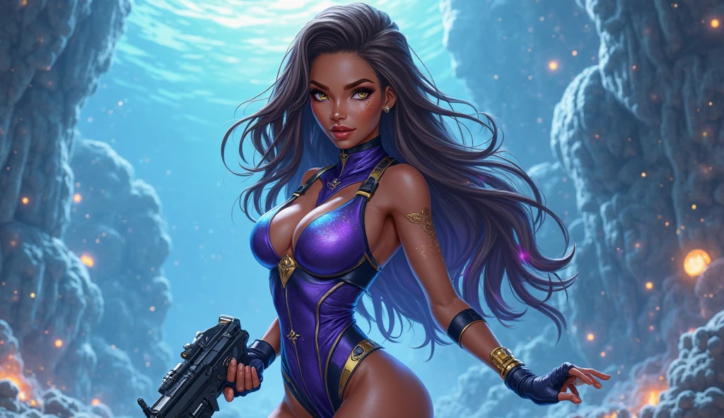 A beautiful woman in her 30s, space explorer, wearing a bikini uniform, carrying a laser rifle, wandering along an alien sea coast, purple hazy sky with three moons, alien beach at night, hyperdetailed, high resolution, 8k, photorealistic, masterpiece, vibrant colors, dramatic lighting, cinematic, science fiction, fantasy