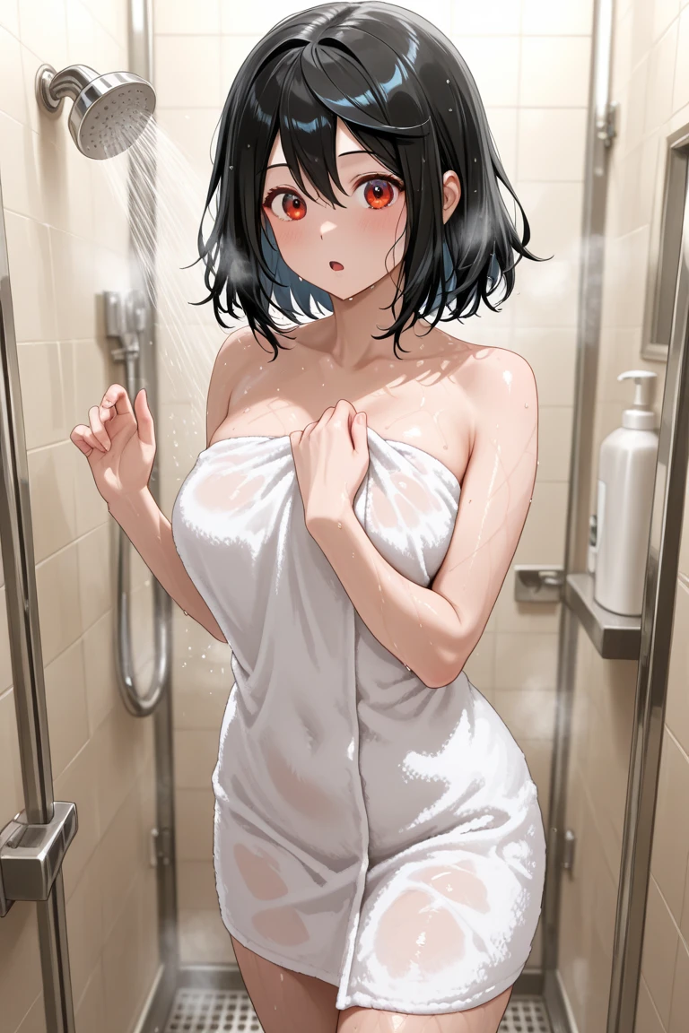 Yoshiko Tsushima Bluish black hair Red Eye Right bun hairstyle Long Hair whole body Large Breasts Wrap a bath towel around your body shower room High quality Soaking wet smile cute I take a shower