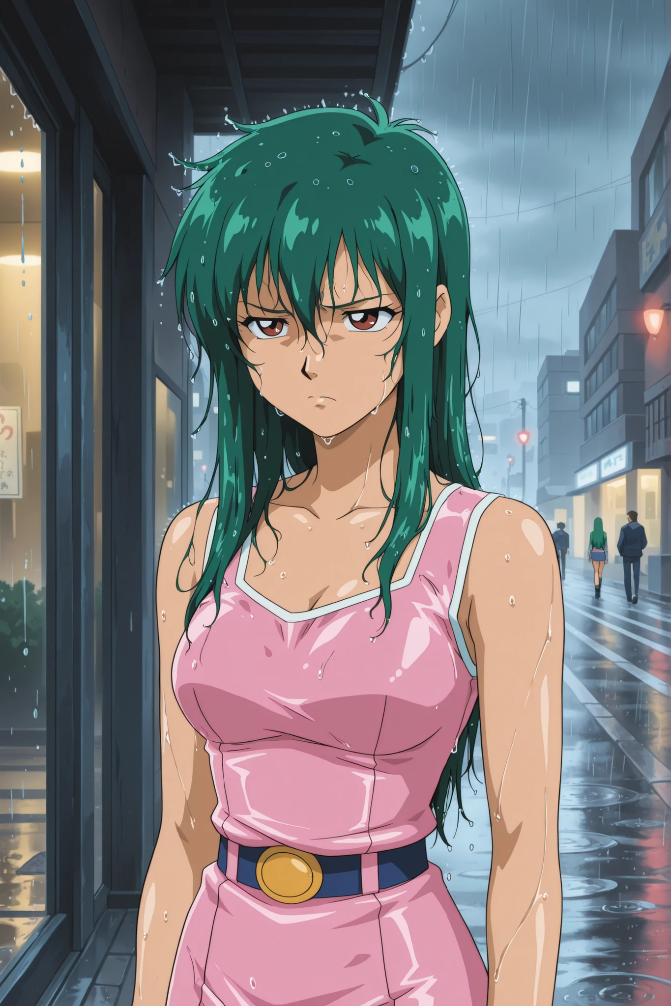 Time Gal with long green hair, standing outside on the street in the rain, wet hair, unhappy, in full view in a highly detailed anime style\