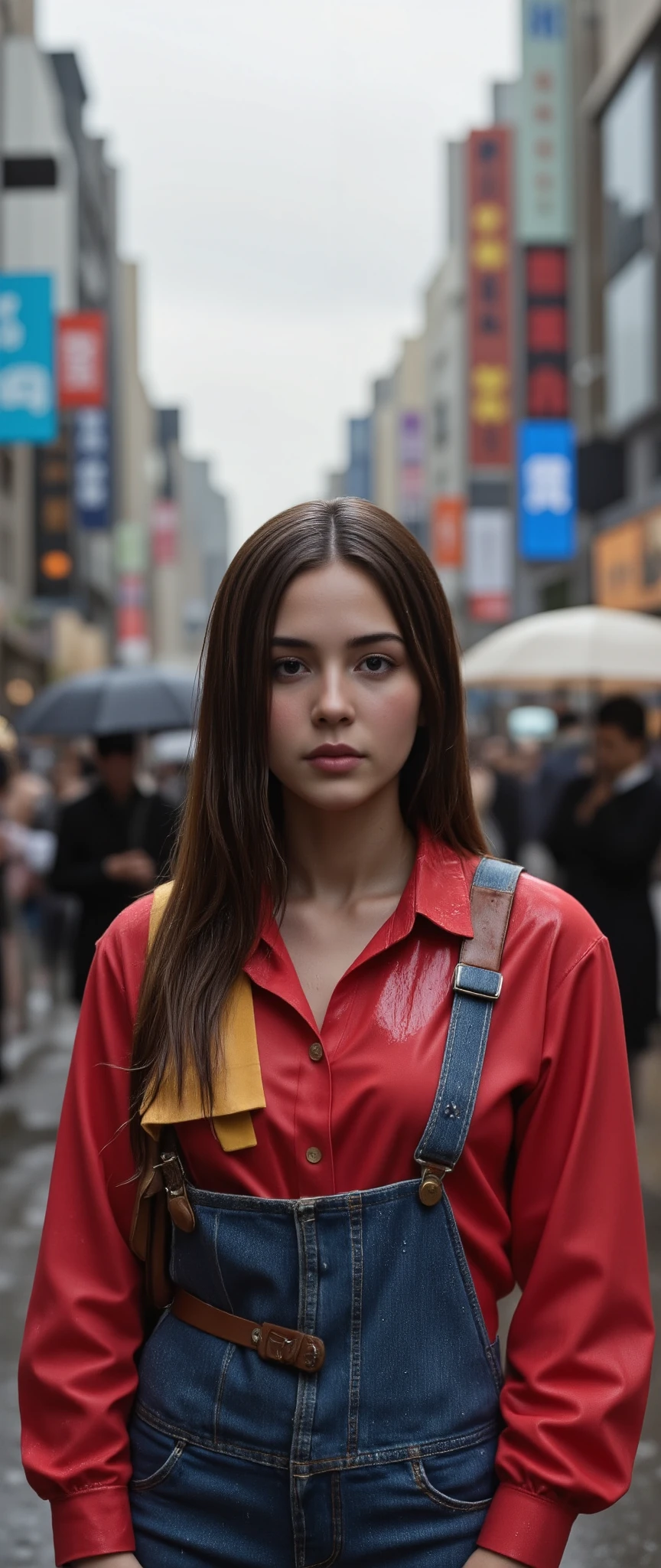 high-resolution images、in the rain、Japanese woman standing on the sidewalk soaking wet、scramble crossing、A place with lots of people holding umbrellas、wet hair、cute red shirt and denim costume、Beautiful Face、Young and adorable、25 year old model、Wearing denim、face in a very close range