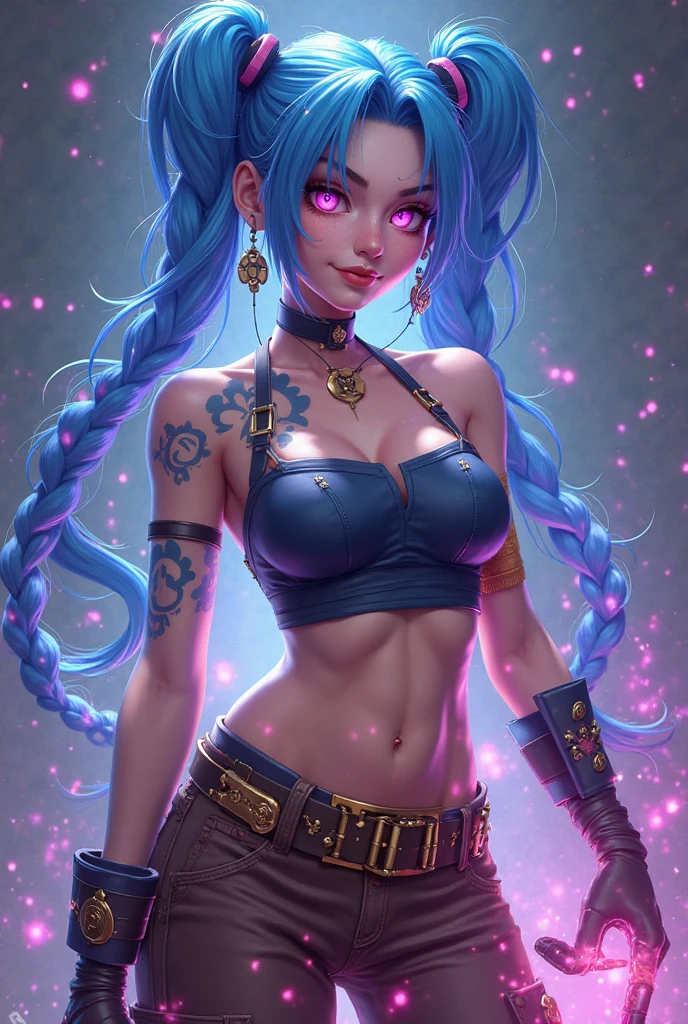 one white girl, jinx, jinx from arcane, solo, abs, slender body, (upper body, bust:1.2), purple eyes, long braid, blue hair, choker, grey skin, (transparent clothes, tiny breasts, small breasts, male chest, cleavage:1.5), bare shoulders, belts, shoulder-belts, masterpiece, highly detailed, look at viewer, expressing joy, shiny blured orange background, gradient sprayed background, smile, happy face, naughty grin, front view, gradient red purple background, blured background, glowing edges of image, (nipples:0.7)