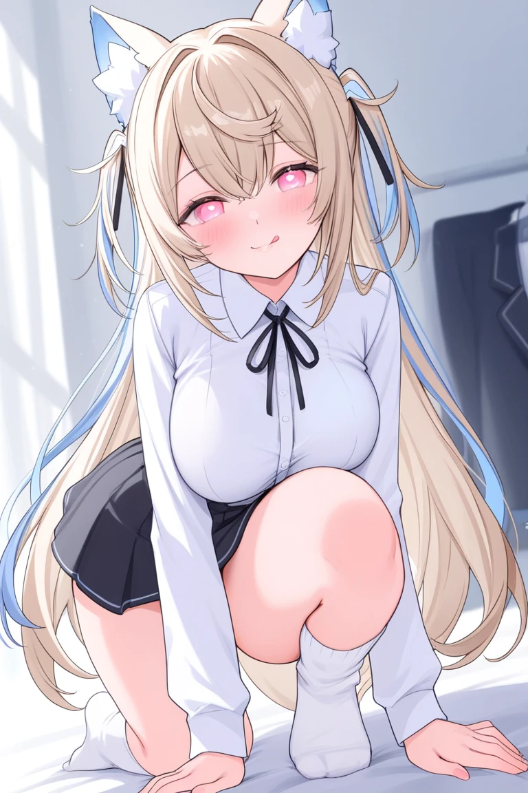 ((highest quality)), ((masterpiece)), (Become familiar with), Perfect Face,Light golden hair,Medium Long Hair,Down Bangs,Eyes without highlights,Desaturated crimson eyes,Drooping eyes,A sloppy, relaxed look,Drooling,Black choker,tall,slender,Big Breasts,naked,Black pumps,slender,19 years old,Leaning back,Push your hips forward,Bedroom,