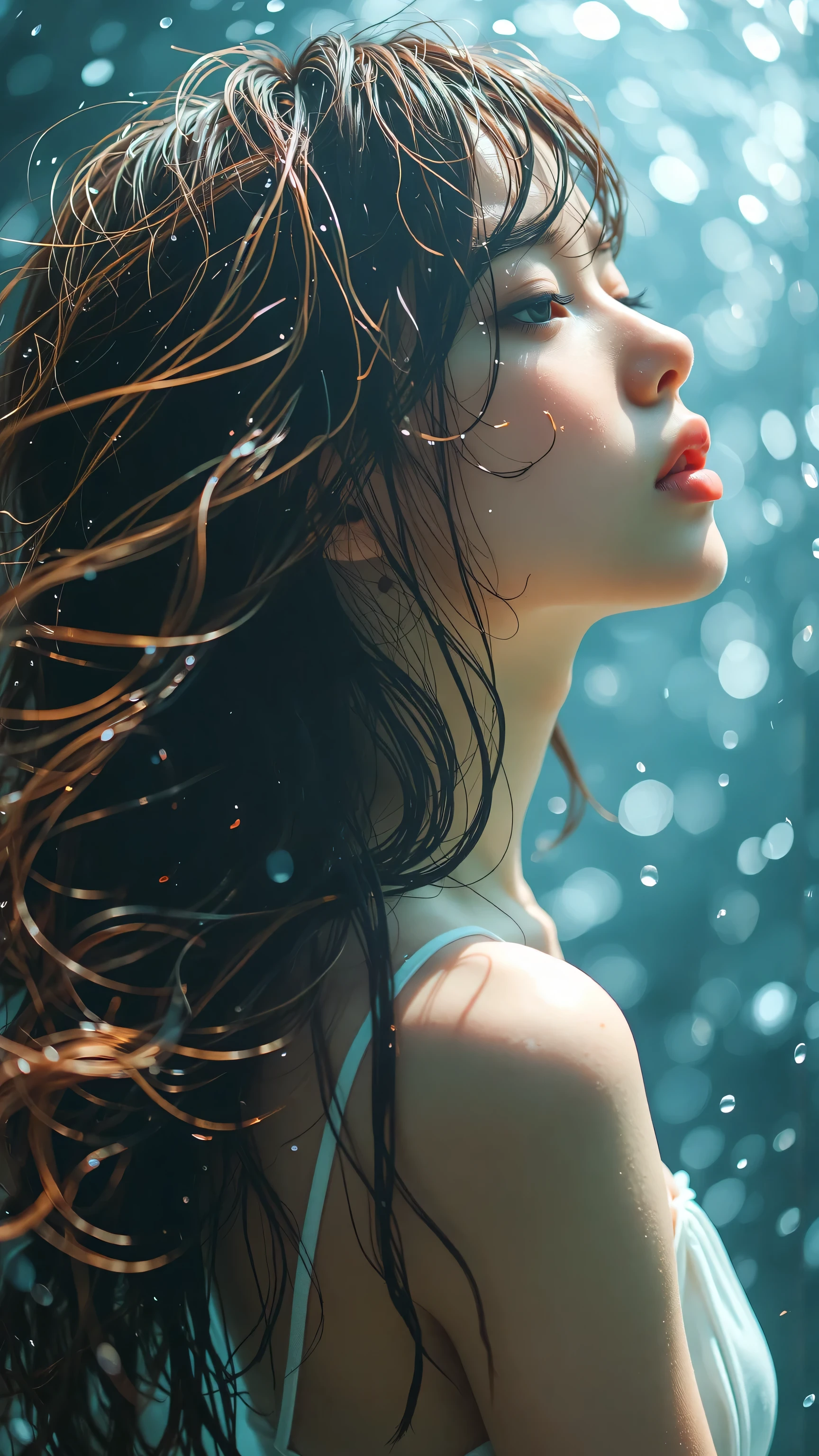 Masterpiece. Top quality. Beautiful woman. Wet hair. Sweeping back hair. Water droplets. Splashed water background. Water droplet light effect. Serene expression. Intricate hair detail. Realistic skin texture. Soft lighting. Cinematic feel.