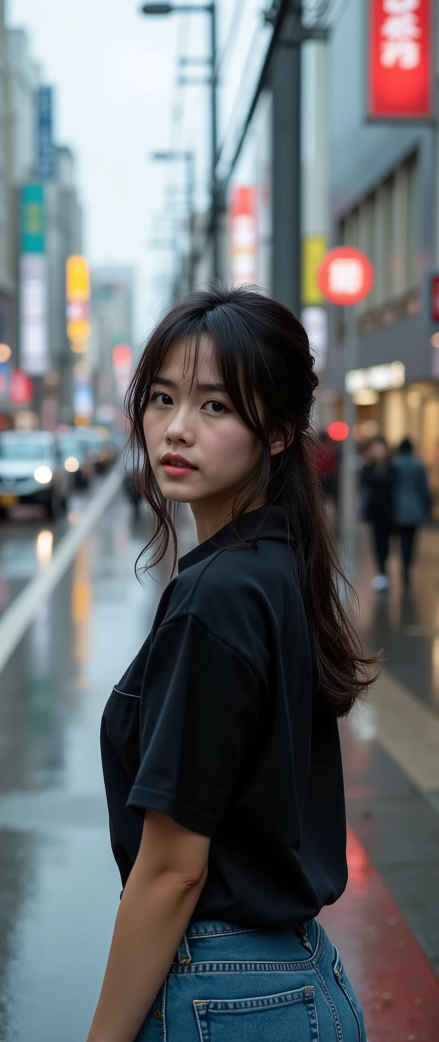 high-resolution images、Japanese woman standing on the sidewalk in the rain、scramble crossing、Places with a lot of traffic、Wet Hair、Cute black shirt and denim outfit、Beautiful Face、Young and sweet、25 year old model、Wearing denim、lovely young 