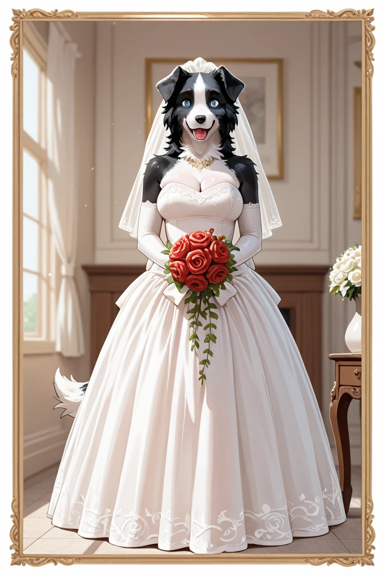 1girl, solo, furry female, red fur, smile, wedding dress, wedding, church, cherry blossoms, blurry background, colorful, bridal veil, animal ears, dog girl, best quality, detailed, photorealistic, official art, beautiful, painting \(medium\), upper body, cute, looking back, flower, portrait, piercing, chibi, punk, <lora:trg_cherry_v2:1>