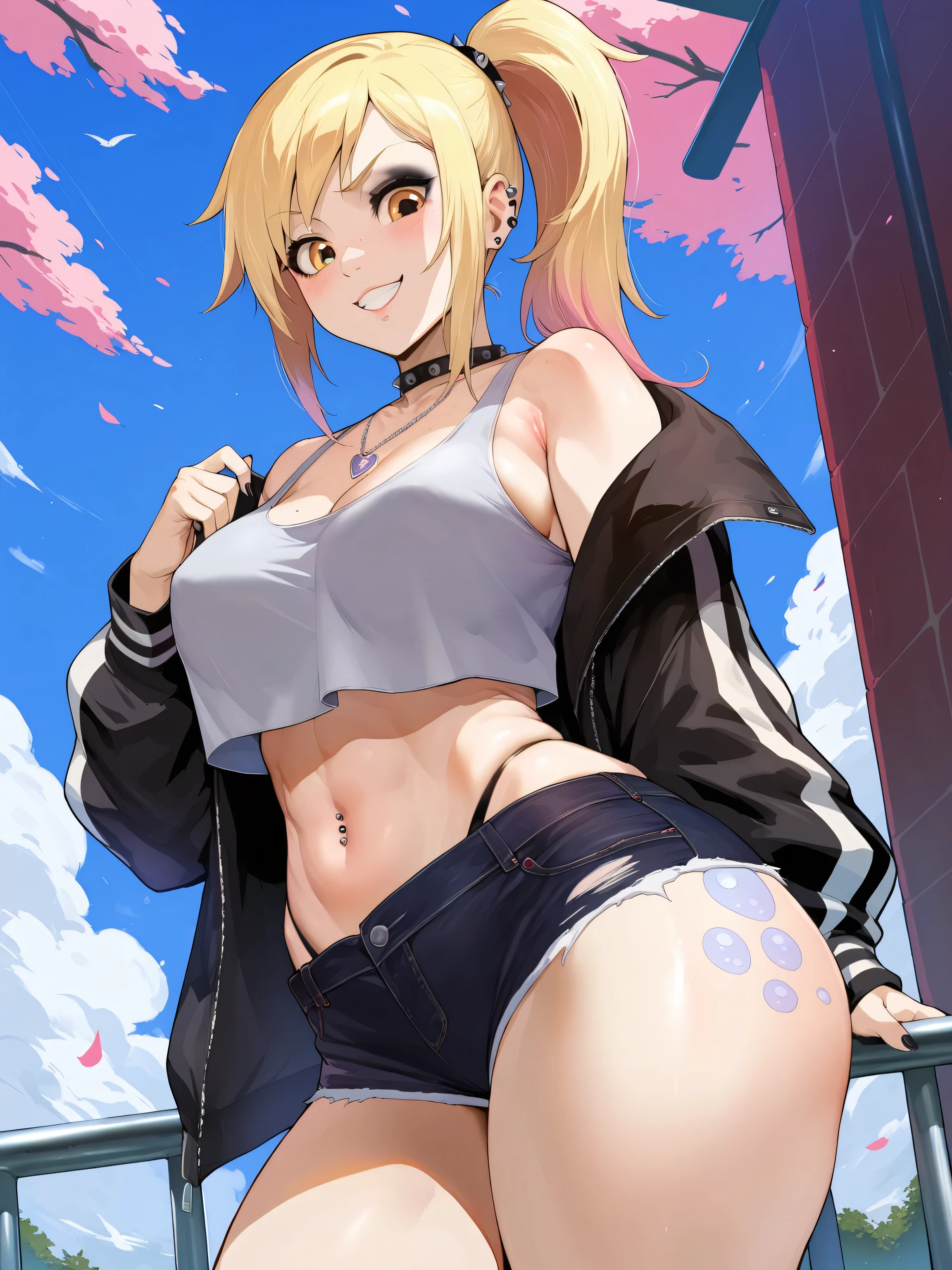 source_anime, best quality, clear face, Toga Himiko, blonde hair, yellow eyes, short hair, large breasts, perfect body, looking at viewer, smile, A woman in a panda costume posing for a photo, in the city at night, standing, dynamic angle, from behind view, big ass ,seductive anime girl, sfw version.