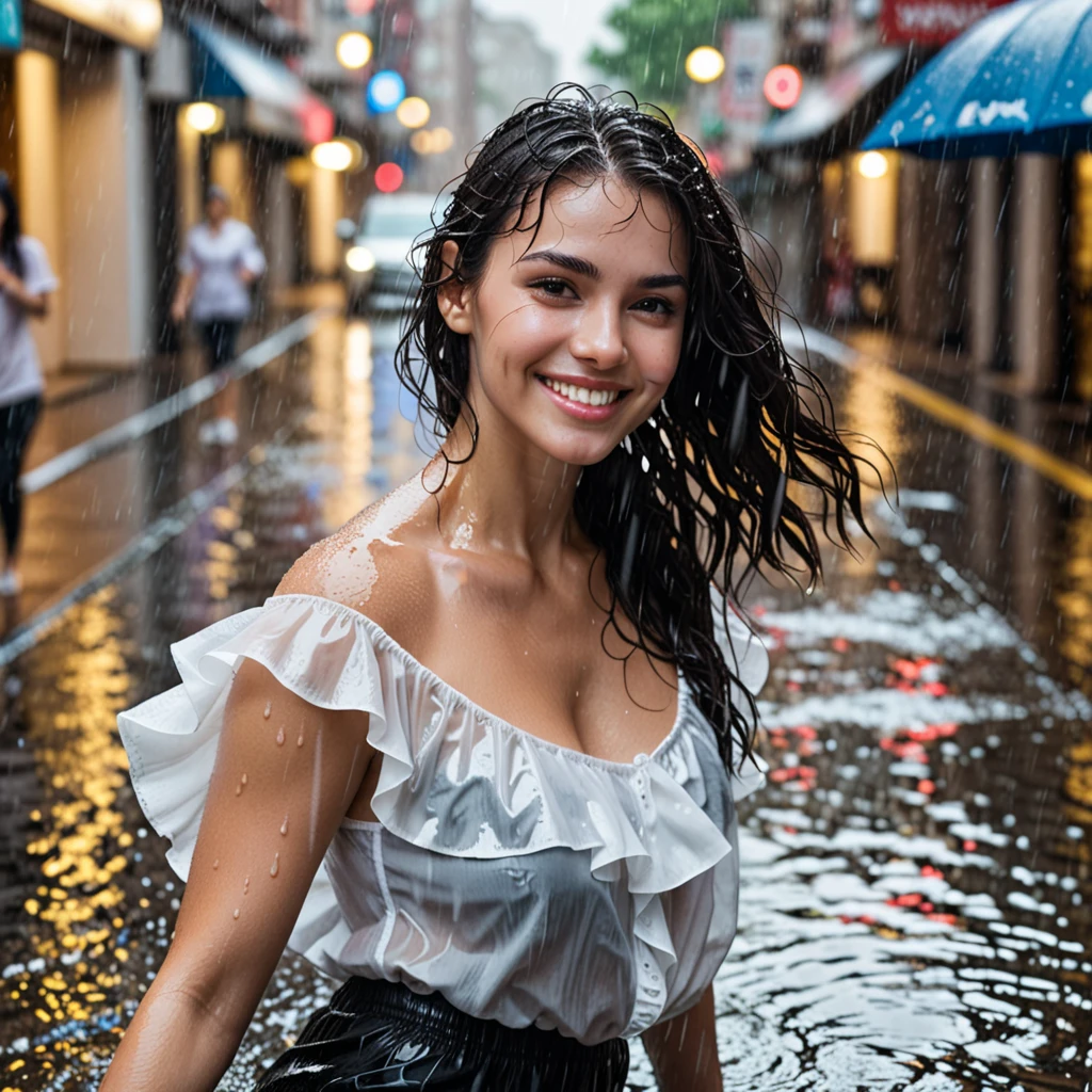 Young girl, , dancing joyfully in the rain, white dress clinging to her body revealing bare feet, curly hair plastered to her face, smiling with open mouth showing white teeth, gentle freckles on her nose, sparkling eyes reflecting the rain, dressed in simple, pure garments, realistic capture, high definition image.
Girl, young, joyfully twirling in the pouring rain, dressed in an ethereal, white dress that flows around her, creating ripples in the water, long, wavy hair framing her face, forehead glistening with droplets, deep-set brown eyes sparkling with excitement, natural, realistic rendering, clear