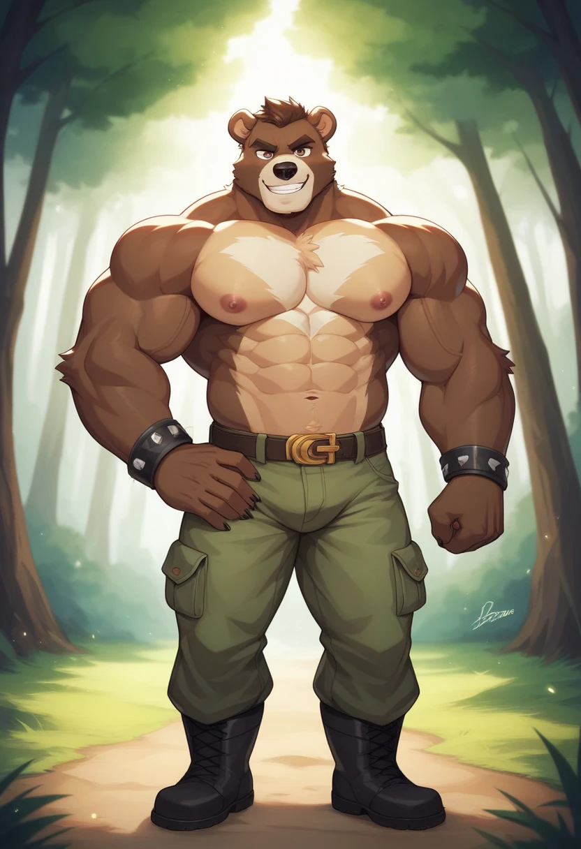 A muscular furry bear with an imposing and charismatic appearance. This anthropomorphic bear combines human and bear characteristics, highlighting his strength and powerful presence.
Physical Characteristics:
Facial features:
Friendly face but with marked and defined features.
Expressive light brown eyes, with a confident and warm look.
Prominent snout with a shiny black nose.
Ears rounded and slightly inclined forward.
body:
Robust and athletic body structure, with clearly defined muscles in arms, Chest and abdomen.
Broad shoulders and an upright posture that highlights your physical power.
Short, dense dark brown fur, with some lighter areas around the chest and belly.
Visible but non-intimidating claws on hands and feet.
Clothes and accessories:
He is wearing a sleeveless shirt that exposes his muscular arms., dark gray.
Military green cargo pants, tight but comfortable.
Durable black boots.
A belt with a large silver buckle.
He wears a leather bracelet on his left wrist..
context:
The background shows a natural environment, possibly a forest, with tall trees and a clear sky.
Sunlight passes through the leaves, creating a play of lights and shadows on the character.
The bear is standing, with one hand on the hip and the other raised in greeting or welcome.
Possible Expression and Attitude:
The bear has a friendly and confident expression, with a light smile that shows his approachable nature despite his imposing appearance.
Body posture reflects confidence and openness, suggesting that he is protective and friendly.