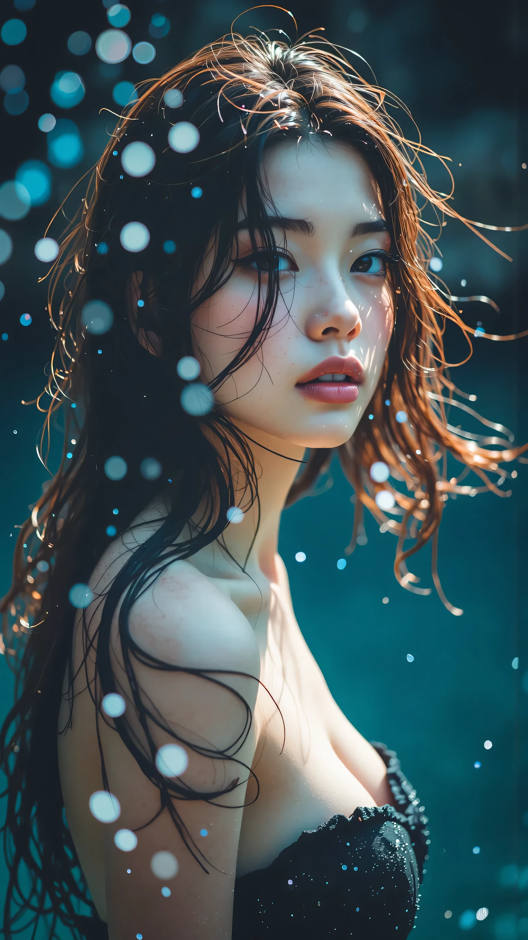 Masterpiece. Top quality. Beautiful woman. Wet hair. Sweeping back hair. Water droplets. Splashed water background. Water droplet light effect. Serene expression. Intricate hair detail. Realistic skin texture. Soft lighting. Cinematic feel.