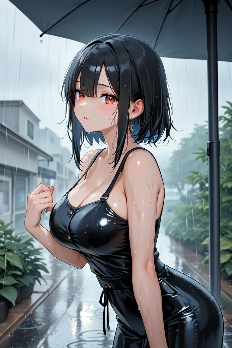 (masterpiece:1.3, Highest quality, Ultra-high resolution, Very detailed), (Realistic:1.1, photoRealistic:1.4), Beautiful illustrations, Perfect lighting,Written boundary depth, Beautiful detailsまでこだわった髪, Beautifully detailed face, Beautiful details, Beautiful clavicle, Beautiful body, Beautiful and juicy breasts, Beautiful thighs, Beautiful feet, View your viewers, 1 Girl,Perfect Face, (Perfect Anatomy, Anatomically correct), Cute and symmetrical face、Baby Face、((Shiny Hair)),(Beautiful views),((Outdoor、Cloudy、Blurred cityscape in rainy weather)),(かわいいsmile, smile)、Sexy Body、(masterpiece),(Highest quality:1.3),8K,Very clear,(Ultra-realistic), One Girl,Wide Shot,((Large Breasts)),Wide Hips,Beautiful feet, Captivating woman、(masterpiece、Highest quality、Very detailedな)、((1 Girl))、((Short black hair))、black eye、((とてもLarge Breasts))、Cleavage、(((bikini)))、((((Wet raincoat))))、(((Crouching woman)))、Cowboy Shot、