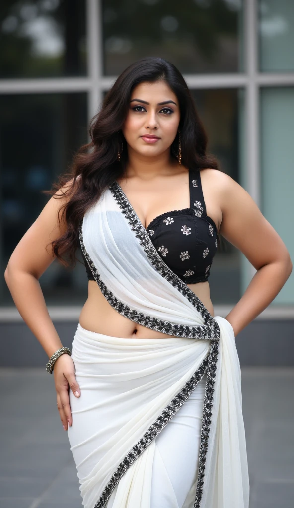 Indian bbw cute model 35 years old marriage women life like, high - resolution bbw women with a perfect figure Super fine face and eyes, slong hair, small Tank top White Colour saree, blue Colour Border Saree, Wearing a traditional saree, bulky figure, huge big extra large and , full chubby body, looking front, fair complexion, pond backgrounds. Hung breast, Plus size chubby model, 4k, 8k,