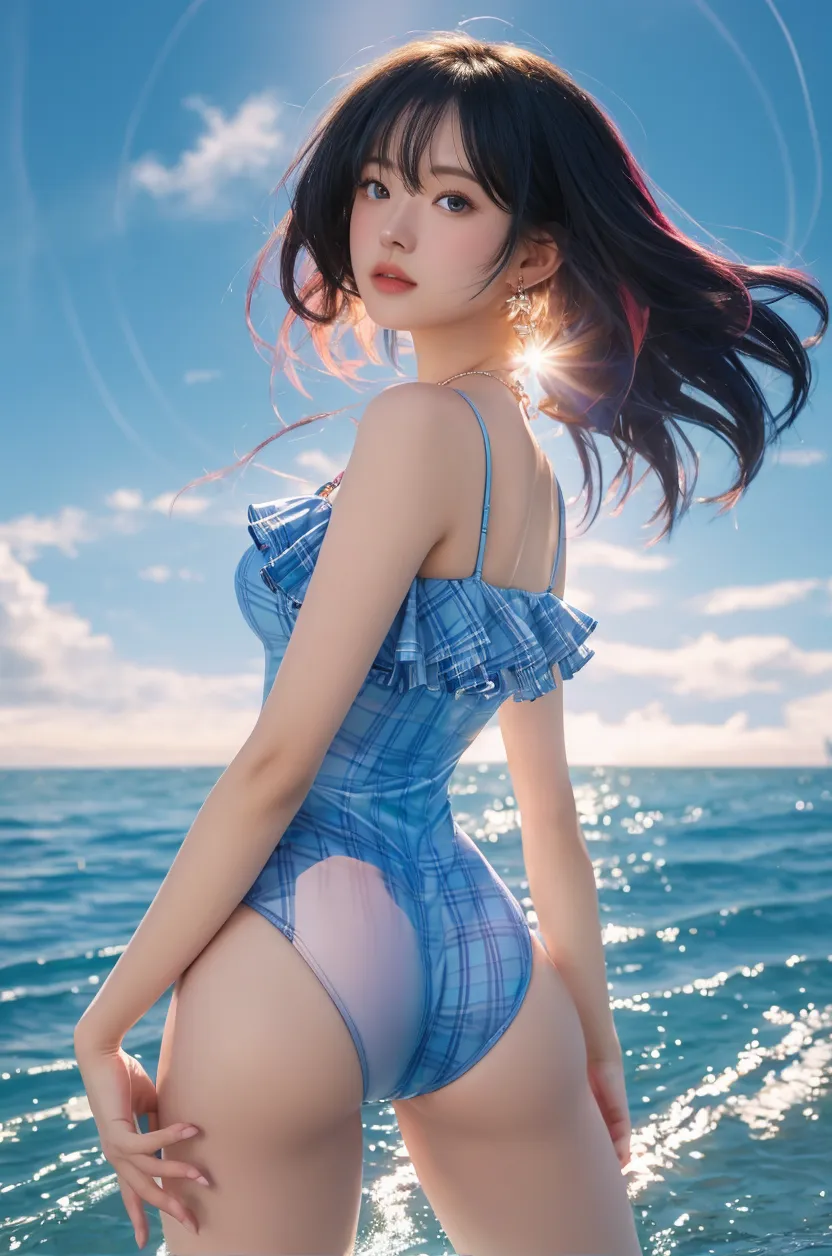 (((best quality))), (((ultra detailed))), (((masterpiece))), illustration,((1 beautiful young girl,solo)),((slim,thin)),(vibrant pink floral swimsuit:1.3),((small breasts,flat chest)),(short ponytail:1.2),((shiny skin,sweat,wet)),slender legs,seaside, summer, joyful, playful, physical features, smooth fair skin, gentle sea breeze, endless azure sky, picturesque backdrop, whiteness of sand, deep blues of the sea, waves crashing, internal turmoil, transformation,on the cusp of womanhood, confidence, sexuality, metaphorical plunge, next chapter of life,significance of the moment, beauty of the seaside, celebration of youth, excitement of summer ahead,(sitting:1.3),((from front,full body,arms behind back,spread legs apart))