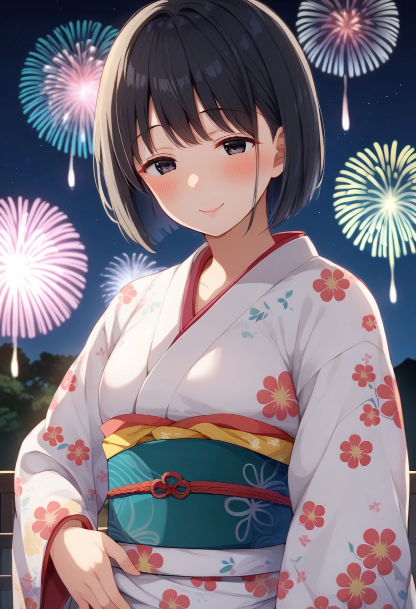 score_9, score_8_up, score_7_up, (nsfw, Arakure), (1girl, solo), (upper body, stares at viewers with her lips), (has short black hair, bob cut, Sex), (black eyes, drunk eyes),Smile,(blush:1.2), (美しいKimono , Kimono, floral print, Band, long sleeve, Obi ),Middle-aged woman,Middle-aged obesity,Chubby,round face,Petite body,Short Height,Japan's big lakeside, (Night Sky, Aerial fireworks,Beautiful fireworks),Authentic setting,anime style,glitter,depth of subject,fisheye lens,glitter,