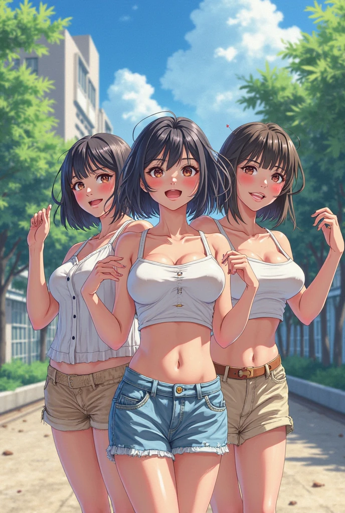 masterpiece, best quality, 3 girls, group_squeez, (little girl), 10yo, cowboy shot,
seductive smile, standing, tube top, (see-through), small breasts, nipples, Navel, shorts, open zipper, park, grass,