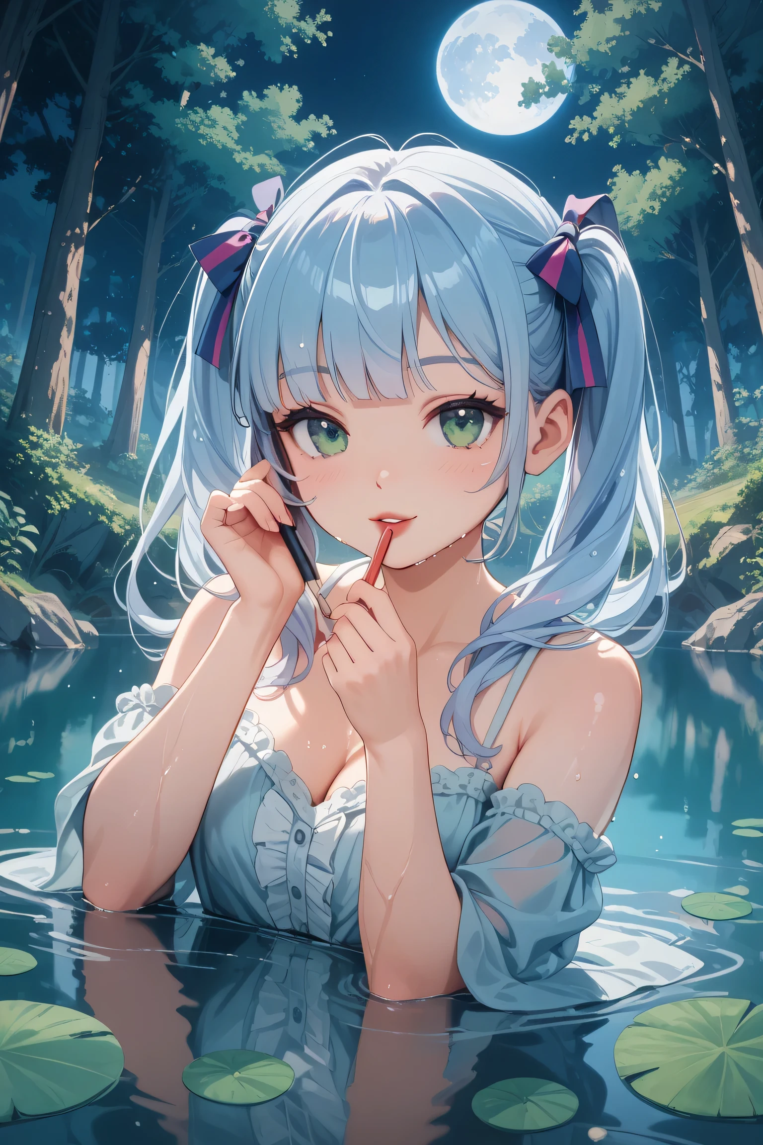  
Mysterious Forest at Night, Warm Moon, Enhances Magical Ambience. reflections sparkle on the calm surface of the water near, 
Reflections sparkle on the calm surface of the water near. soft lighting. Highlight Textures、Natural Light Creates Depth. cinematic style, 

light blue wet hair、bangs flowing to the side、Middle Twin Tails、green eyes、Seductive woman brushing up her hair、
cute face、Red lips、perfect body、


