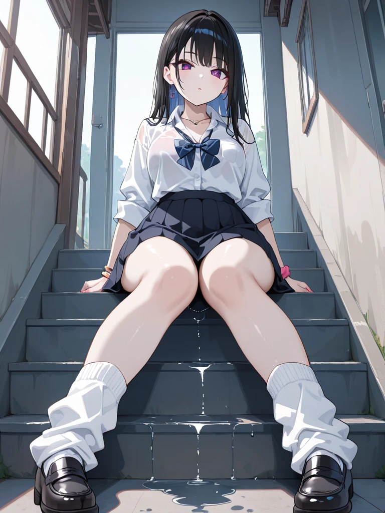 masutepiece, Best Quality, High resolution, Extremely detailed, Detailed background, Cinematic lighting, 1girl in, Looking at Viewer, Wear a plaid shirt, microminiskirt, Pleated skirt, squat, Full body, Sunlight, Waiting train, train station, Stand on the platform , City Girl