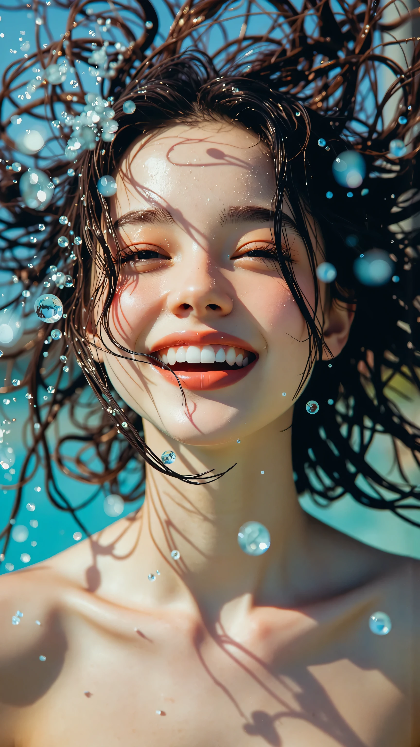 Action shot, high speed photography. Beautiful woman, mid-motion, tossing wet hair back. Explosive water splash frozen in time. Joyful, laughing expression. Bright, energetic lighting. Crystal clear water droplets.
b0lt0ns,Midjourney_Whisper,A hyper-realistic portrait of a stunning supermodel, featuring a beautifully detailed face with captivating eyes and a serene expression,The image showcases her natural beauty, focusing on her flawless skin and delicate features,The composition blends modern and traditional elements with a neo mode, avant-garde style, characterized by elegant lines, vibrant colors, and exquisite details,Her hair is styled in an intricate and unique fashion, adding to her ethereal and timeless aura,The lighting enhances her features, creating a soft interplay of light and shadow, while the high-resolution quality captures every detail with photorealistic clarity,