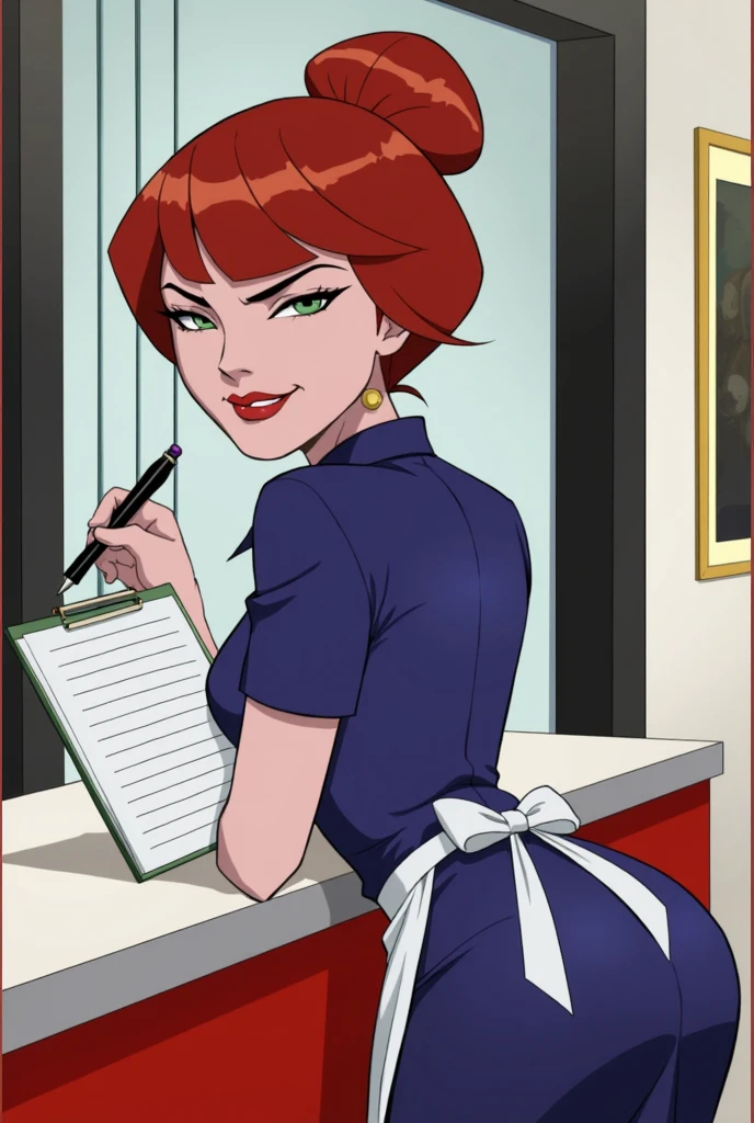 Jessica , orange medium short hair, black eyes, blue shirt, purple skirt,hairband,high quality,