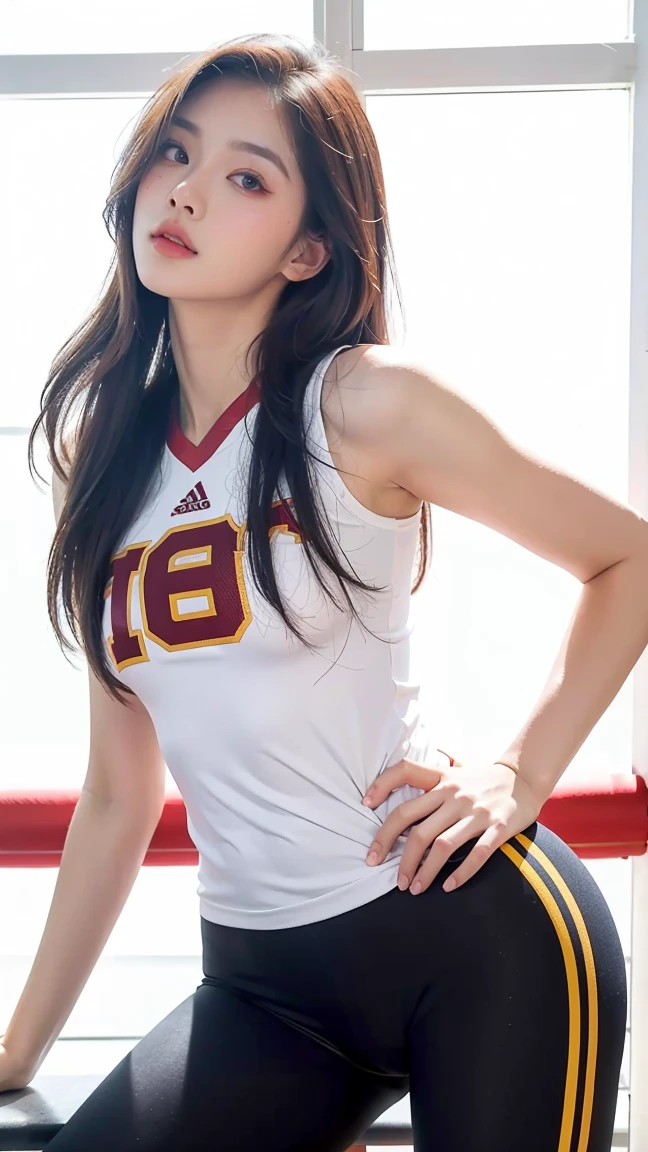 Photorealistic, Ultra realistic, 16k, high quality, cinematic lights, dream atmosphere, dream aesthetic, 1girl, realistically, high resolution, soft light, fair, Tempting, Sexy, White Americans, 18 years old, Tall and thin, Wearing USC volleyball uniform, stand completely, in the gym, face camera, silky pale-brown hair, flushed skin illuminated, realistic textured skin, realistic shading, women's volleyball tight uniform, sweaty, large natural breasts, realistic textures, belt, 16k resolution, detailed face and eyes, muscular female body, strong arms, lean belly, big hips, muscular thighs, thick legs, full body, realistic, style-paintmagic, different positions at different types of angles.