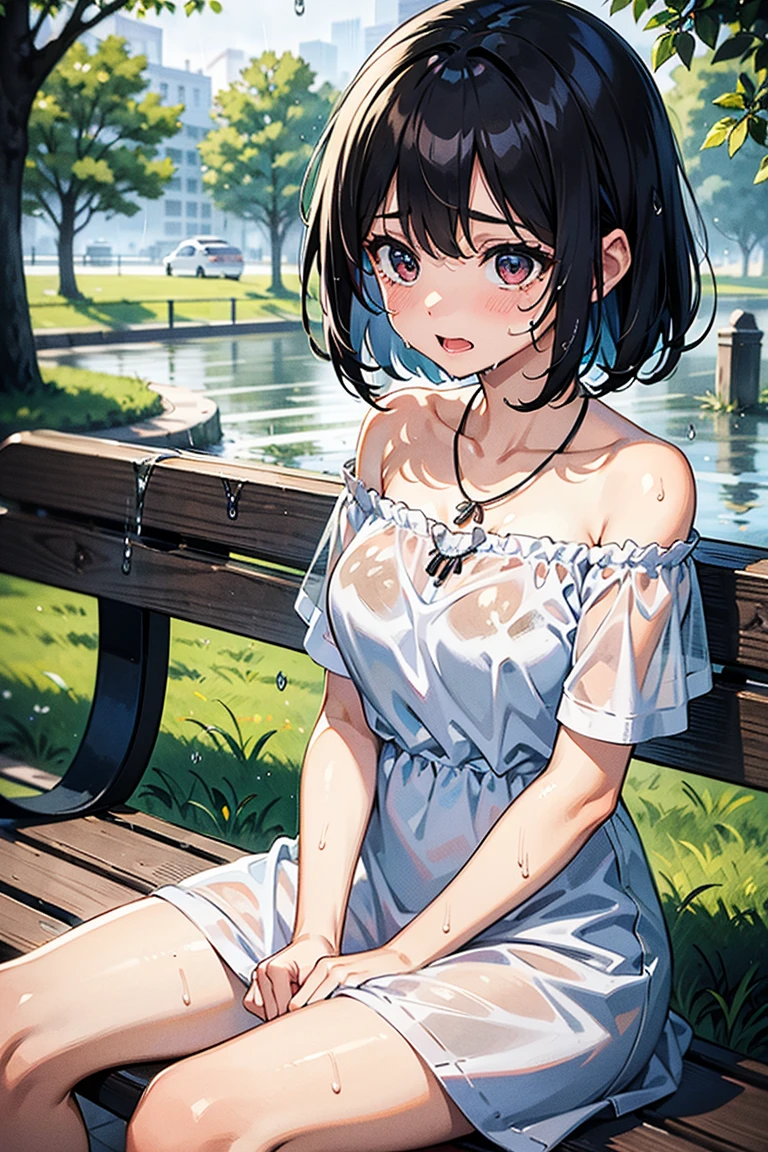 Photorealistic、Highest quality、Highest Resolution、Highest quality、8K、1人のBeautiful woman、Beautiful woman、Beautiful woman、cute、Bob Cut Hair、Dark Hair Color、Casual Style、smile、looks fun、sunny、In town、Eating a popsicle、hot、