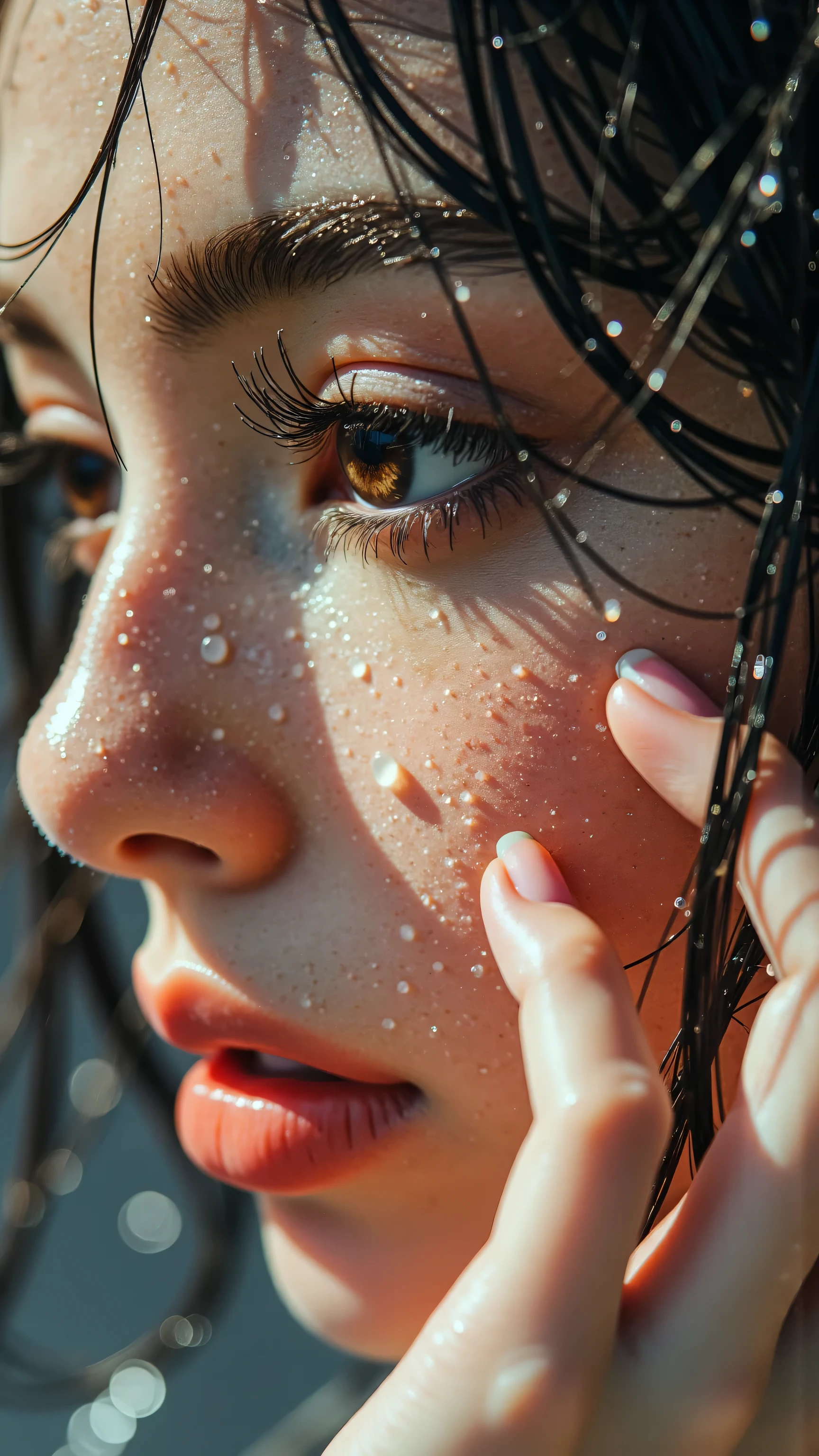 Macro photography, hyper-realistic. Extreme close-up on a beautiful face. Water droplets on eyelashes and skin. One hand gently brushing wet strands of hair from her cheek. Neutral, soft expression. Every pore and droplet in sharp focus.
b0lt0ns,Midjourney_Whisper,A hyper-realistic portrait of a stunning supermodel, featuring a beautifully detailed face with captivating eyes and a serene expression,The image showcases her natural beauty, focusing on her flawless skin and delicate features,The composition blends modern and traditional elements with a neo mode, avant-garde style, characterized by elegant lines, vibrant colors, and exquisite details,Her hair is styled in an intricate and unique fashion, adding to her ethereal and timeless aura,The lighting enhances her features, creating a soft interplay of light and shadow, while the high-resolution quality captures every detail with photorealistic clarity,
