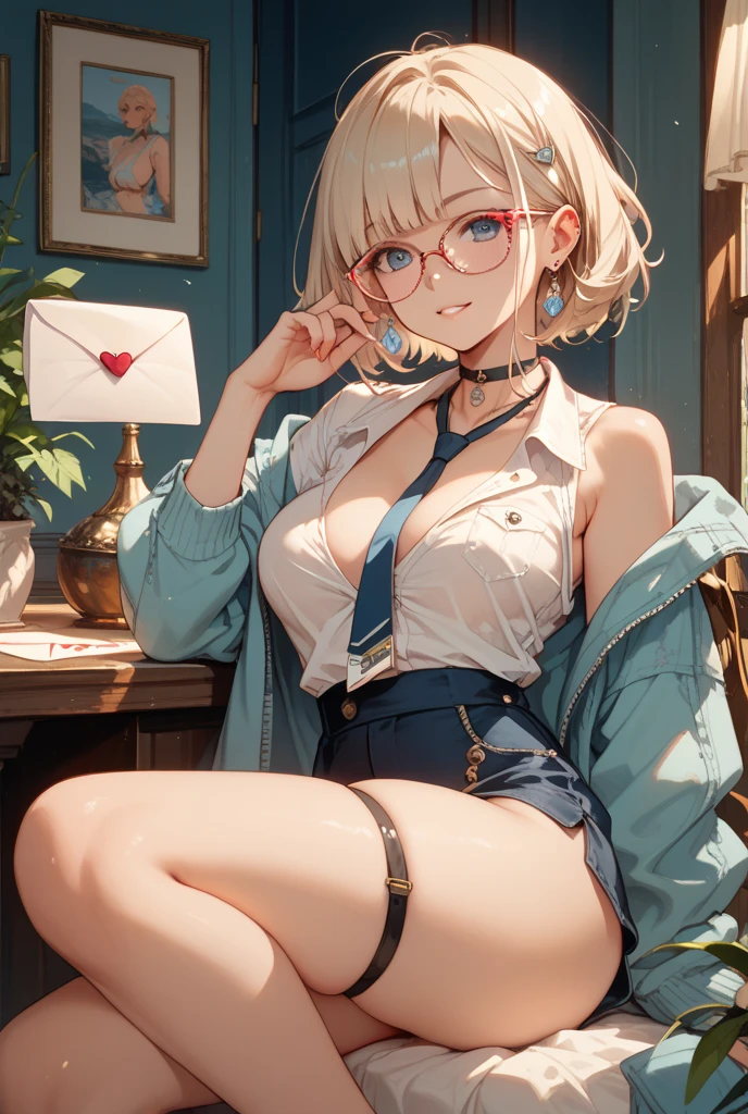 (masterpiece, best quality:1.2), solo, Android 18 from Dragon Ball, ((light gray hooded sweatshirt, Oversized hooded sweatshirt, long sleeve, black thighhighs, white panties)), thighs, midriff, small breasts, blonde hair, (single hair bun), ((blue eyes)), (wearing glasses), earrings on earlobes, slender feminine figure, narrow waistline, skinny body, reading book, cleavage, off shoulder, light blush, indoors, chill, room, hot coffee, window, organized, simple, white-based interior, a few plants, rain, cloudy sky, magnificent view, blur background, 4K, knees up, night, on the white gaming chair,