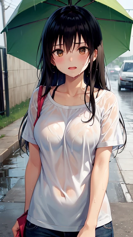 Magazine cover(masterpiece, best quality:1.2),woman，（（（The eyes are delicate）））（（Wet clothes）），Pink underwear，outdoor，rain（8K）（HD）