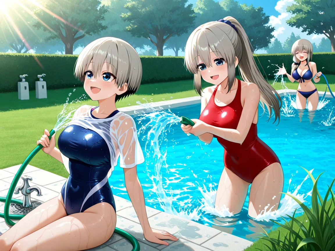 2girls,(young girl ,short stature,) ,flat chest,nsfw,big head, rotund.one-piece-swimsuit,braid hair, poolside.lift swimsuit,pussy