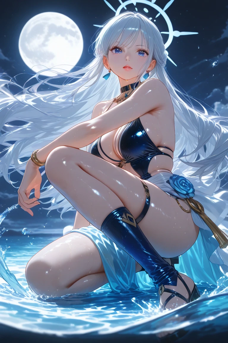a girl、a baby face、Very cute、slim and beautiful、((small :1.2))、well drawn eyes、charming eyes、double tail、Wear jewelry and pearls around your neck,Transparent openwork、deep v、crystal pearl、在Wear jewelry and pearls around your neck,white hair, Showing thighs, bare shoulders, Show collarbone, Yao Liu, barefoot,((whole body))、painful posture,elf woman, detailed face, detailed eyes, detailed hands,