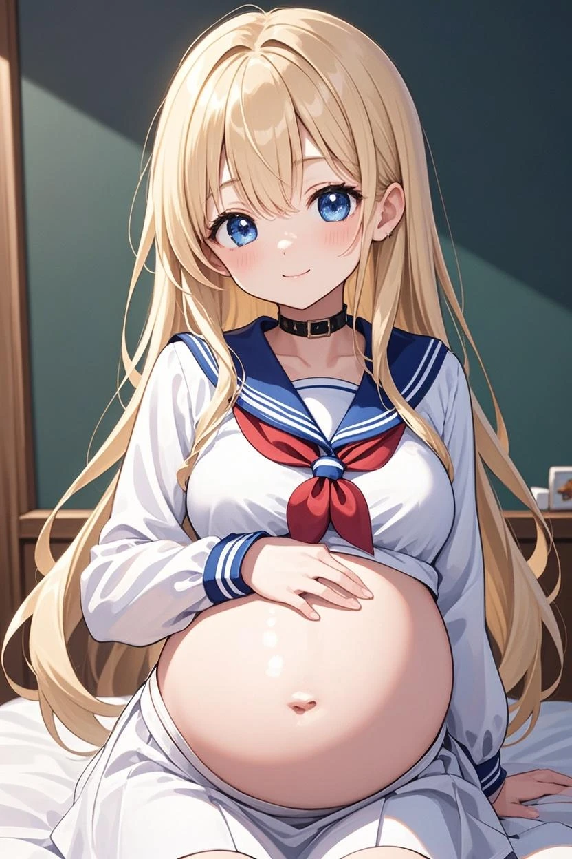 masterpiece, best quality,pregnant junior high school girl、(1girl,solo)、
blonde hair,twintails hairstyle、Scrunchie decoration on hair、Confident face、
(((matanity long onepiece,ridge knitting)))
 under ((school sailor jacket,open jacker))、Thighhighs of black 、