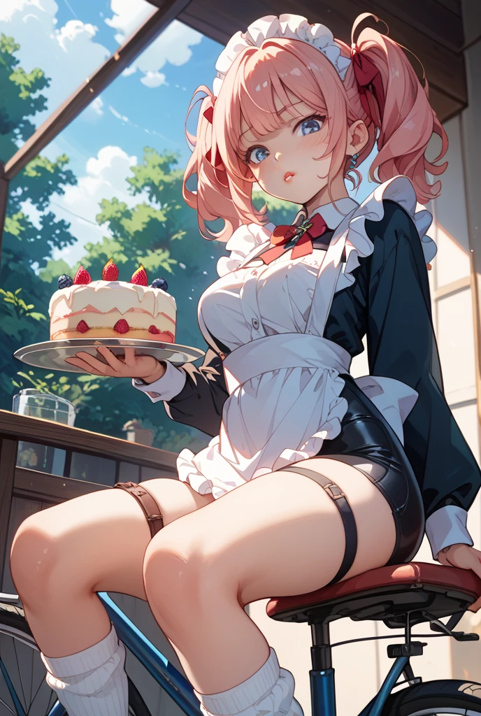 One young and beautiful woman,(Highest quality,Extremely detailed depiction,Incredibly absurd high resolution,Anatomically accurate depiction,Nice hands,Perfect Fingers,Curvy Legs),(Glowing Skin,Glossのある肌),(Sexy Idol),(Idol Costumes,Cute hairstyle,tights,Choker of Hearts,boots,Gloss),eyelash,(Pink Eyes,There is cleavage in the chest,Glossのある口紅,Mouth open),Eating a donut with relish,whole body,background:Inside the cafe
