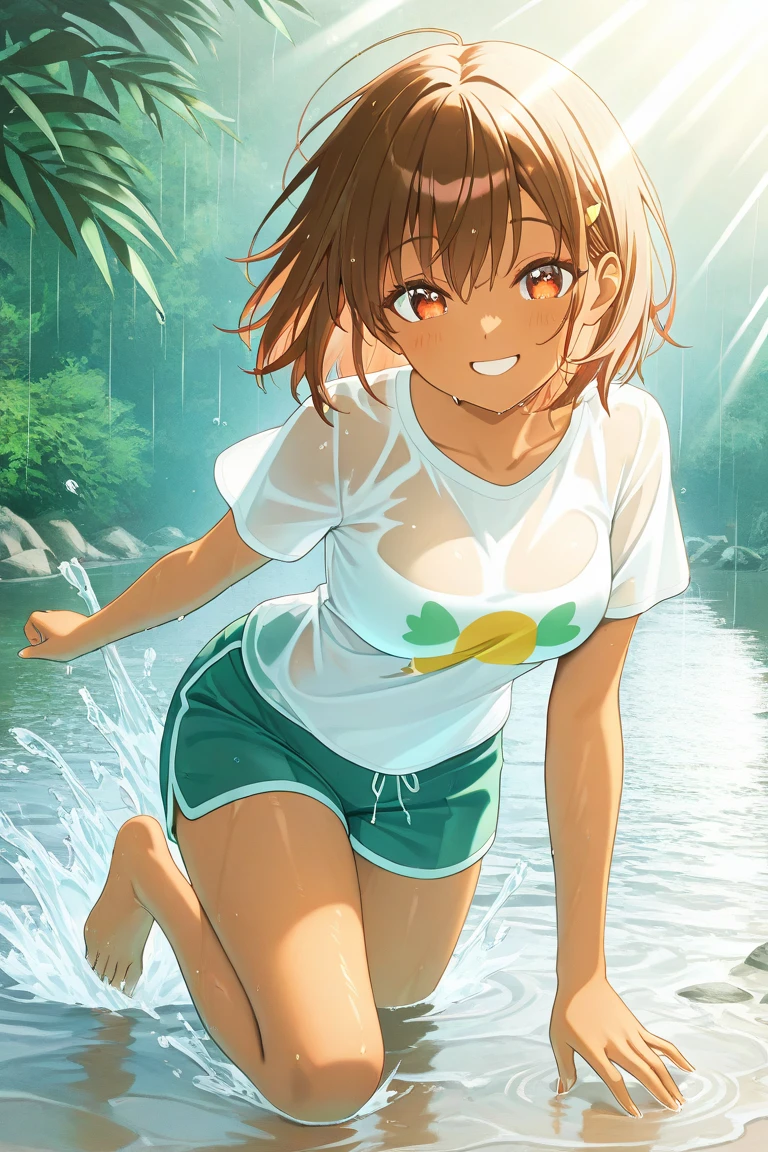A full body portrait of Dora the Explorer in forest. Dora is a young adventurous girl of about 16 years old, with tanned skin and short brown hair with bangs, and large expressive green eyes. She has a small nose, medium-sized lips, small ears, and a round face. Forest is a fantastical place with gentle waves, lush greenery. The girl is cute slim and nice, spread legs, swimsuit onepiece cameltoe, mini erotic white swimsuit, standing, masturbating, jumping, perfect small pussy, pink pussy, wet creamy pussy. Puffy nipples, cute face smile orgasm expression. Round ass, back view, The sky features soft, pastel colors and fluffy clouds, creating a serene, dreamlike atmosphere. The overall effect is enchanting, filled with magic and wonder. She has a blue backpack and Pink sandals.