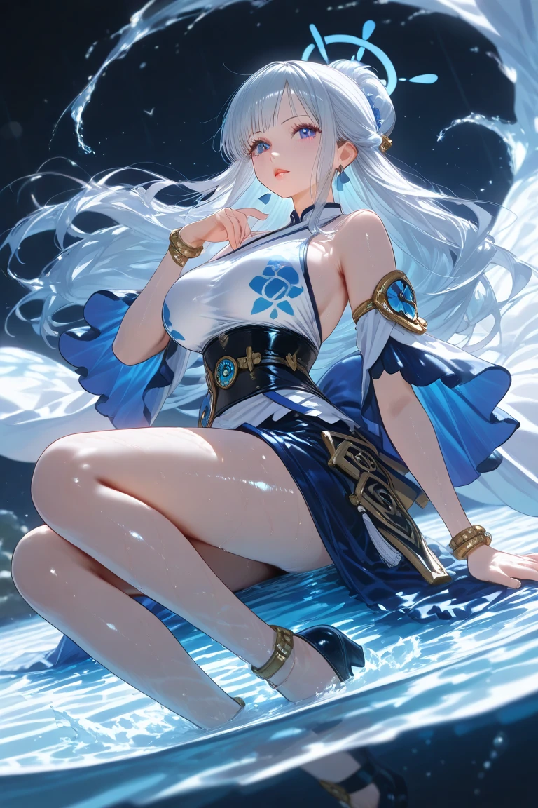 ((masterpiece )), (top quality), (best quality), ((ultra-detailed, 8k quality)), Aesthetics, Cinematic lighting, (detailed line art), Beautiful digital artwork, Exquisite digital illustration，painting, 
BREAK,
Painting of a elf girl with white hair sitting on the hill with a castle on the water，Onmyoji detailed art，barefoot, in Iceland, a beautiful artwork illustration，mythological creatures, Inspired by the mythical creature wildnet，Digital art on Pixiv，strong lights，hight contrast，outdoors, Dynamic angle, 
BREAK,
highly detailed of (elf), (1girl), perfect face, details eye, Bob cut hair, Blunt bangs, (hair between eye), blonde white hair, blue eyes, eyelashes, eyeshadow, pink eyeshadow, light smile, design art by Artgerm, by Kawacy, By Yoshitaka Amano,
BREAK, 
((perfect anatomy)), nice body, medium breast, extremely detailed finger, best hands, perfect face, beautiful face, beautiful eyes, perfect eyes, perfect fingers, correct anatomy, 
BREAK,
tree, lake, mountain, tundra, ice, mountains of snow, northern lights, blizzard, cold, frost, Broken Glass effect, no background, stunning, something that even doesn't exist, mythical being, energy, molecular, textures, iridescent and luminescent scales, breathtaking beauty, pure perfection, divine