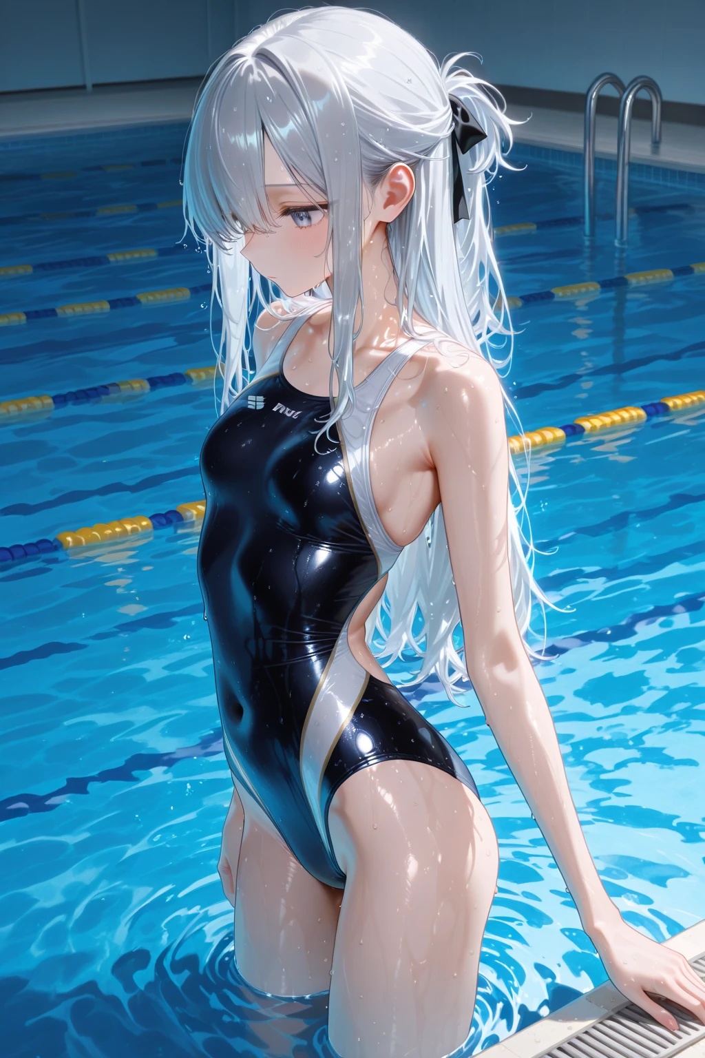 camel toe:1.4、(Sweat)、(vapor)、(((long gloves:1.3)))、brown loafers、black calf length socks、Open your thighs wide to the left and right、squat on the ground、show off your crotch to the viewer, ((latex old school swimwear:1.3、sit, spread your legs:1.3, arm behind head ))、12 years old、absurd、long silver hair、red headband、flat lighting、elevation angle、sexy pose、highest quality、Complex、surreal、perspective, very detailed, detailed background, shape、1 girl、alone、small breasts、light smile, embarrassing, blush, ((outdoor poolside)),