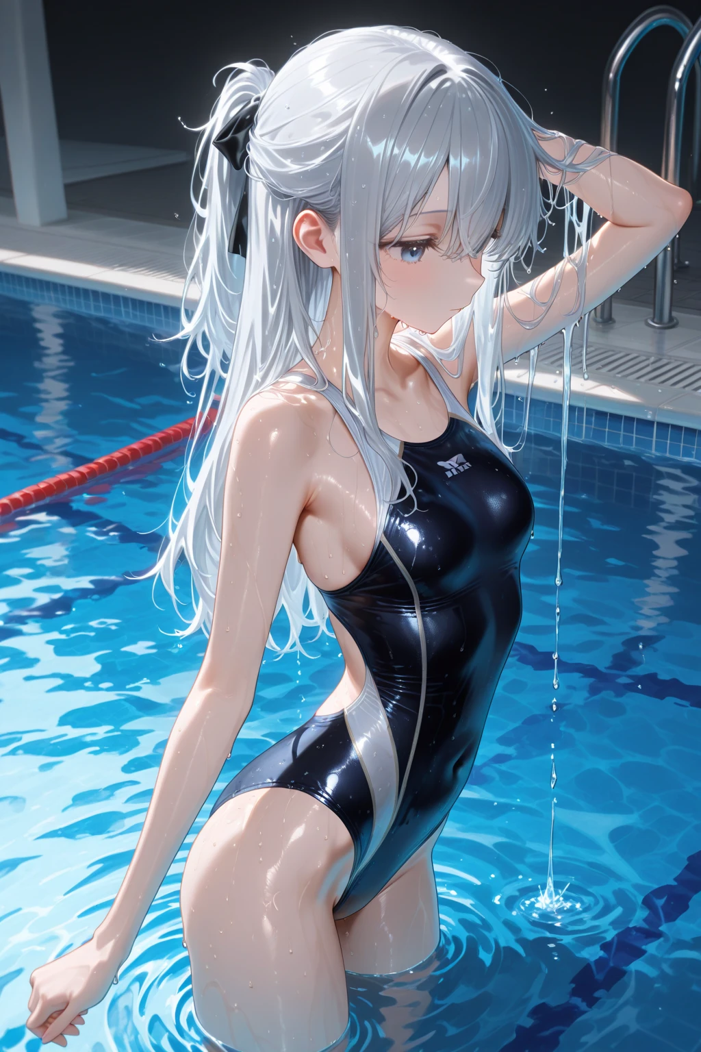 bed, bed room, (((((night))))), (((((darkened room))))), teenagers girl, one girl, thighs, (swet), (wet skin), (wet clothes), ((erotic)), ((sensual)), (Wall in background), (simple background), (Close-up of a girl), beautiful detailed body, beautiful detailed glow, cinematic lighting, 4K illustration, masterpiece, best quality, by top artist, by famous artist, by plo artist, (((expressionless))), (((Highschool Swimsuit))), (((one-piece competitive swimwear))), ((tight-fitting swimwear)), ((Authentic shiny skin texture)), ((Soaked skin)), ((radiant skin)), (((Wrinkles in uniform))), (((Tightening of uniform))), (behind back viewpoint), (view from behind), (Perspective from behind)