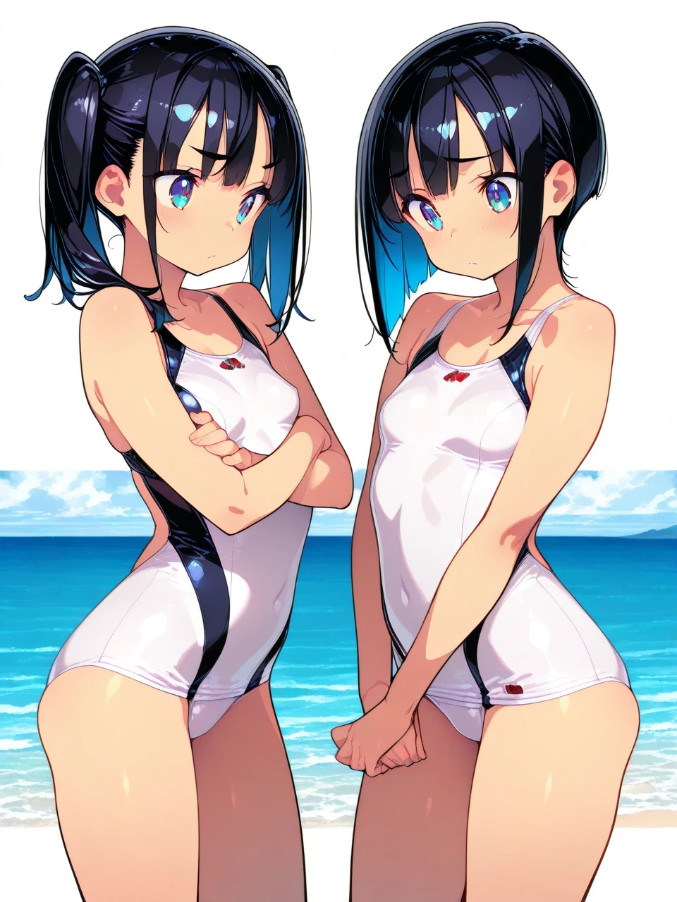 ((young 2girl ,short stature,gyaru)) ,flat chest((frilled one-piece-swimsuit,))black hair,cowboy shot,nsfw,heavyset,out the ass