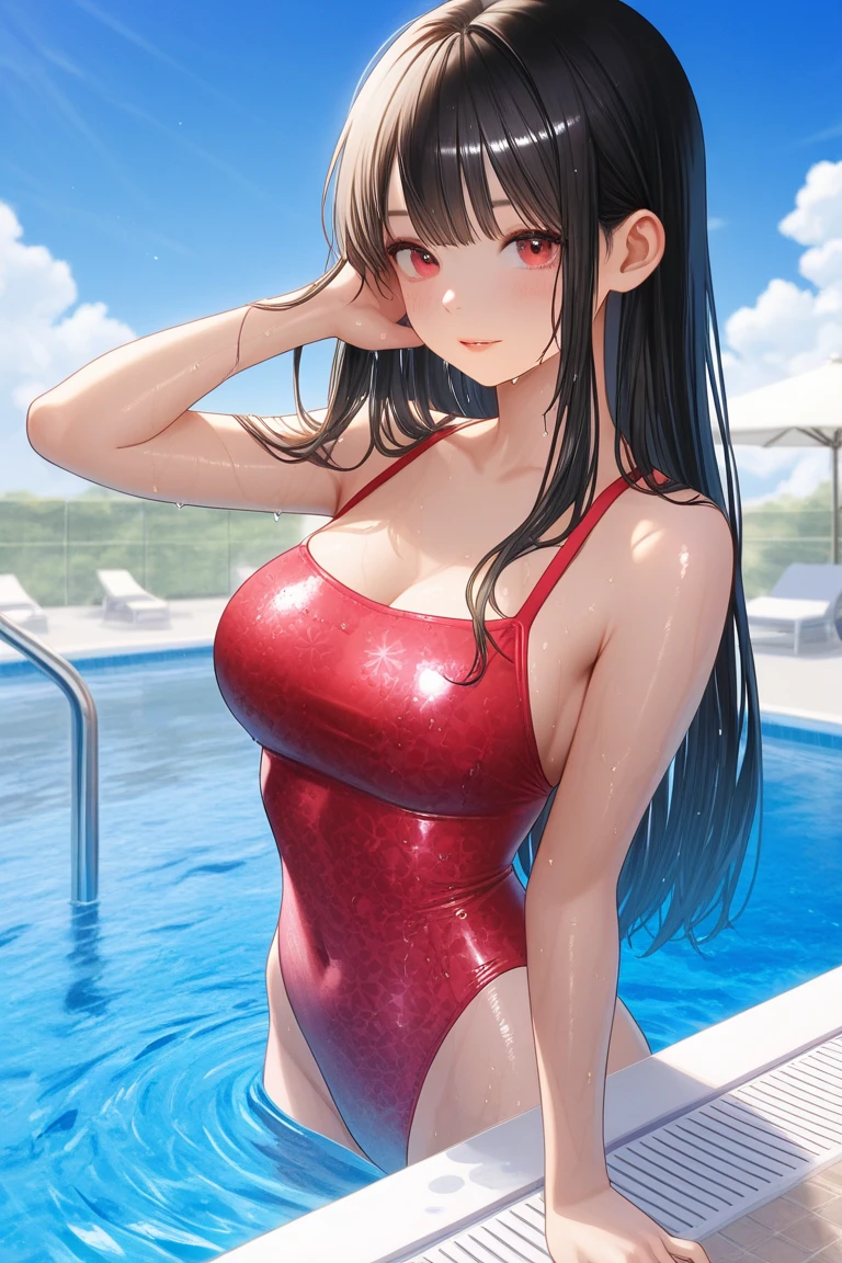 woman,gigantic cleavage breasts,Red swimsuit