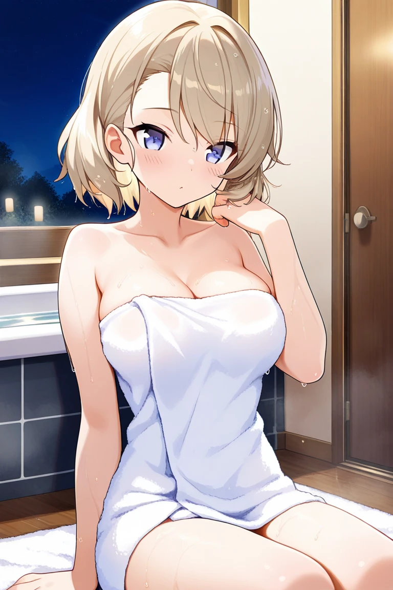 masterpiece、(Ultra-detailed)、One Girl、Laughter、Chisato Nishikiki、apron、One Girl, Wrap a towel around your chest, after take a bath,Upper body naked,night,Hotel room,窓からnight景,White panties,Tabletop, Highest quality, Very detailed,Laughter,Senzoku Nishikiki,Alcohol backlash