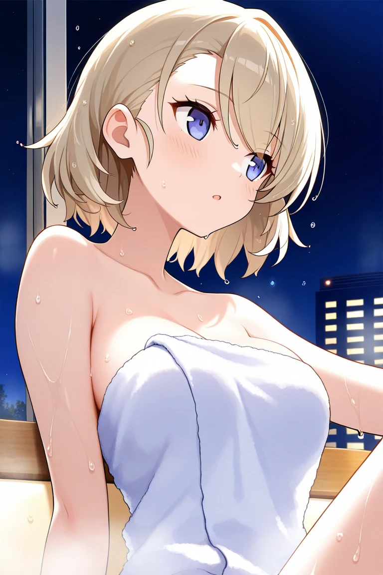 masterpiece, best quality, very aesthetic, absurdres, newest,1girl,naked_shirt, covered_nipples, ,Lynette, animal ear fluff, Animal ears, Cat ears, facial mark, Hair Bow, Purple_eyes, Brown hair, Star, Star on cheek,,,besides a blue lake, night sky,stars,forest,Reflections in the water,