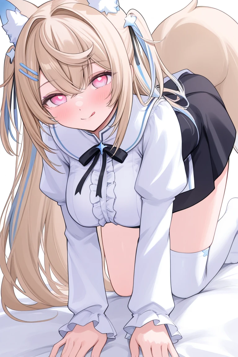 masterpiece, best quality, ultra-detail, 1girl, solo, ali, hair ornament, prison clothes, bloomers, striped thighhighs, (bags under eyes:1.1), oversized clothes, (sleeves past wrists:1.1), (sitting:1.2), (wariza:1.2), (straight-on:1.1), (from below:1.1), (on bed:1.1), head tilt, arms between legs, wide hips, thick thighs, blush,