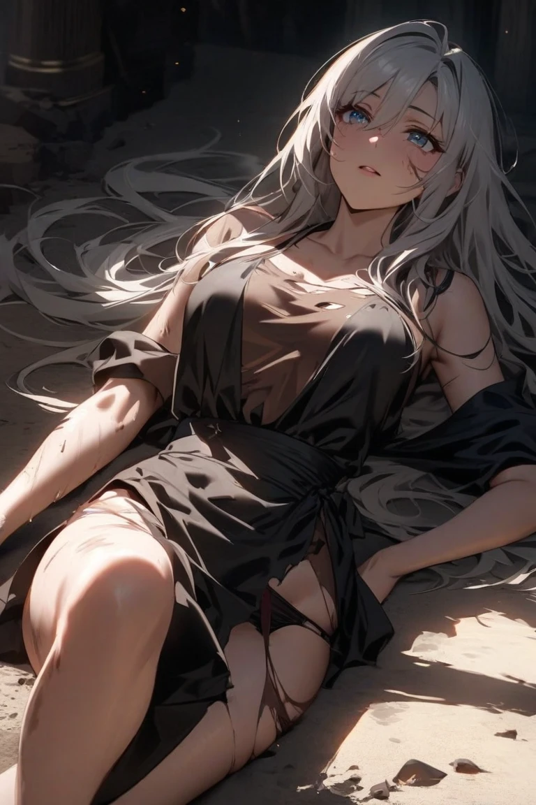 (Confused, High resolution, Very detailed), 1 female, Silver Hair, Long Hair, Reddish brown eyes, Black long dress, lace thong, belly button, 20th generation, Beautiful woman, talk, quiet, Calm, venue,