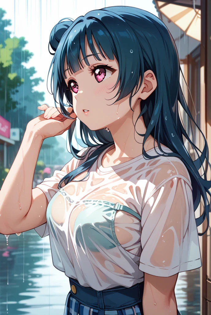photo of a iom girl, masterpiece, high_quality,1girls,colored_inner_hair, messy_hair,Shameful_face,see-through_off-shoulder_shirt, (microskirt in string_panties),street, rain, wet, Extremely Delicate Pixiv 8K-Illustration, Best Quality, Hyper Detailed, Intricate Details, Sun Dogs Effect, Depth Of Field, Focus On Character,