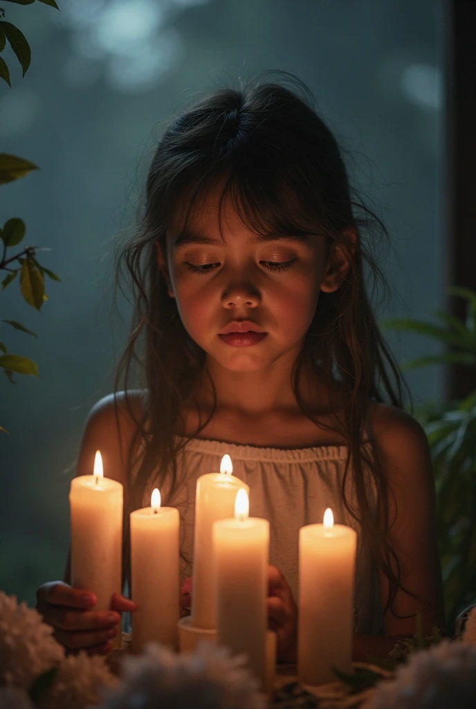 GOTHIC CHILDREN YELLOW CLOTHES with red candles.