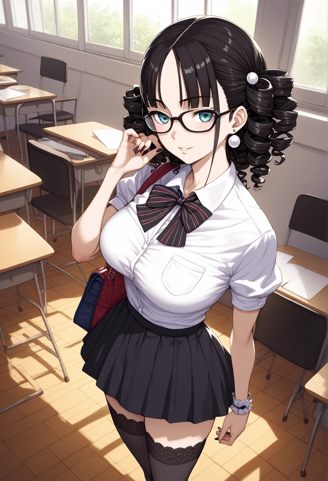 1 girl as yukino yukinoshita, absurdres, highres, solo, school uniform, big breasts, waist long black hair, (twintails:0.5), miniskirt, black thighhigh socks, loose red ribbon, unbuttoned white shirt, (ahegao:1.1), (rolling eyes:1.1), (female masturbation:1.1)